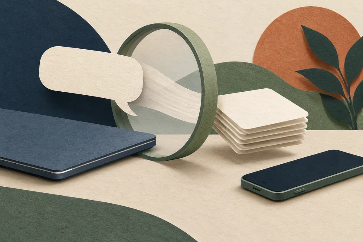A paper collage of a speech bubble passing through a lens and emerging as a neat stack of note cards beside a laptop and phone.