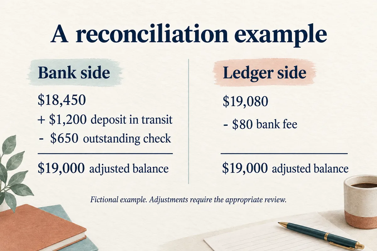 Fictional reconciliation: bank balance 18,450 plus 1,200 minus 650 equals 19,000; ledger 19,080 minus an 80 fee also equals 19,000.