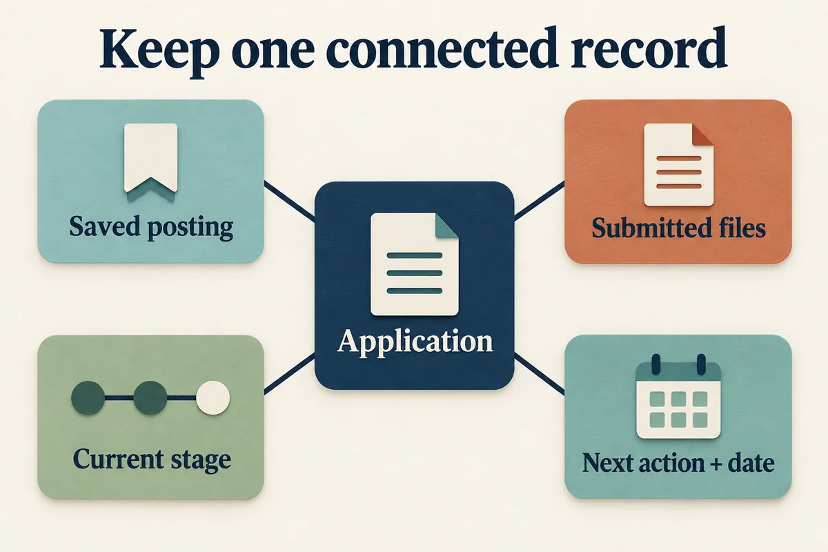 An application record connects the saved posting, submitted files, current stage, and next action with its date.