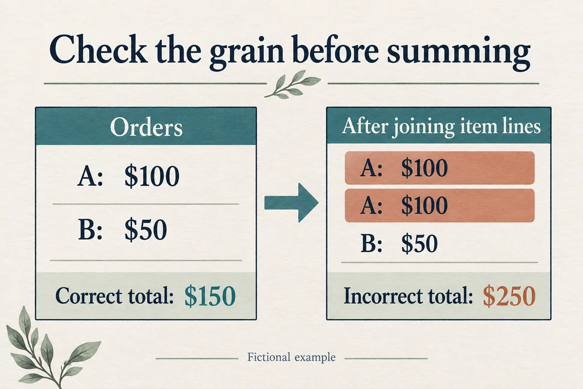 Two orders total 150 dollars before a line-item join repeats one order and produces an incorrect total of 250 dollars