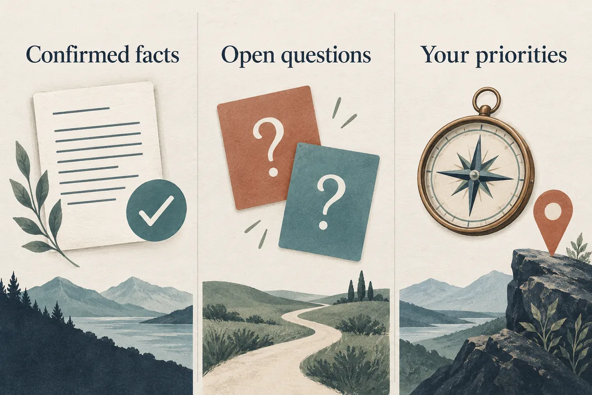 Three labeled columns separating confirmed offer facts, unanswered questions, and personal priorities