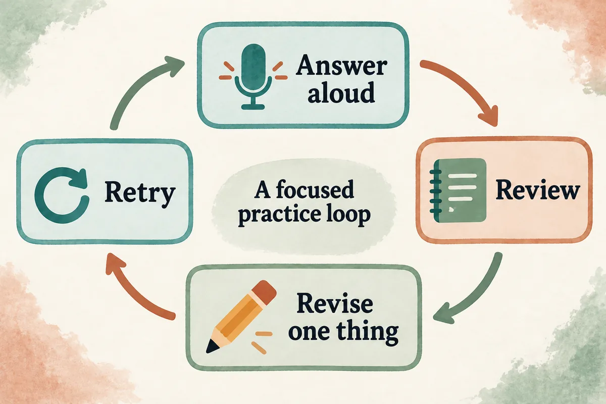 Practice cycle: answer aloud, review the evidence, revise one weakness, then retry.