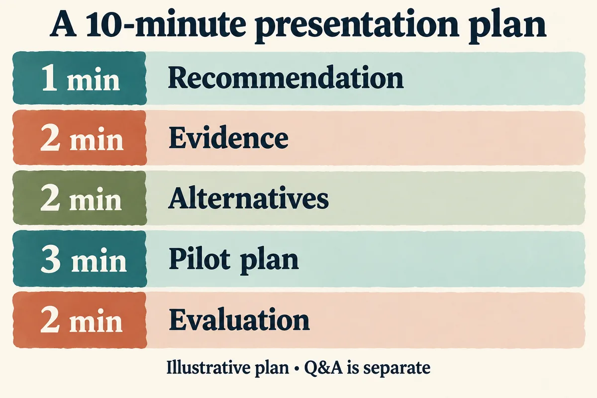 Illustrative ten-minute presentation plan: recommendation 1 minute, evidence 2, alternatives 2, pilot plan 3, evaluation 2; questions are separate.